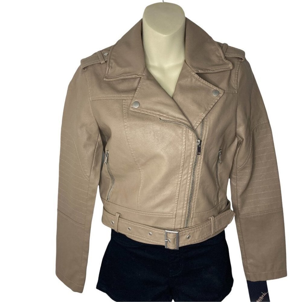 Collection B Faux Leather Belted Moto Jacket Brown Size Small - Picture 2 of 12